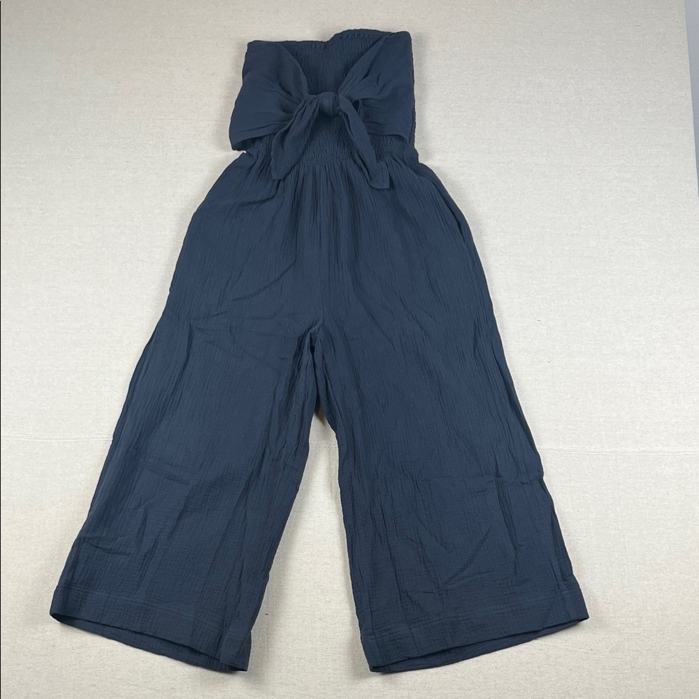 Strapless Navy Wide-Leg Jumpsuit with Tie Front